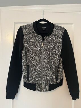 Club Monaco Black and White Textured Bomber Jacket